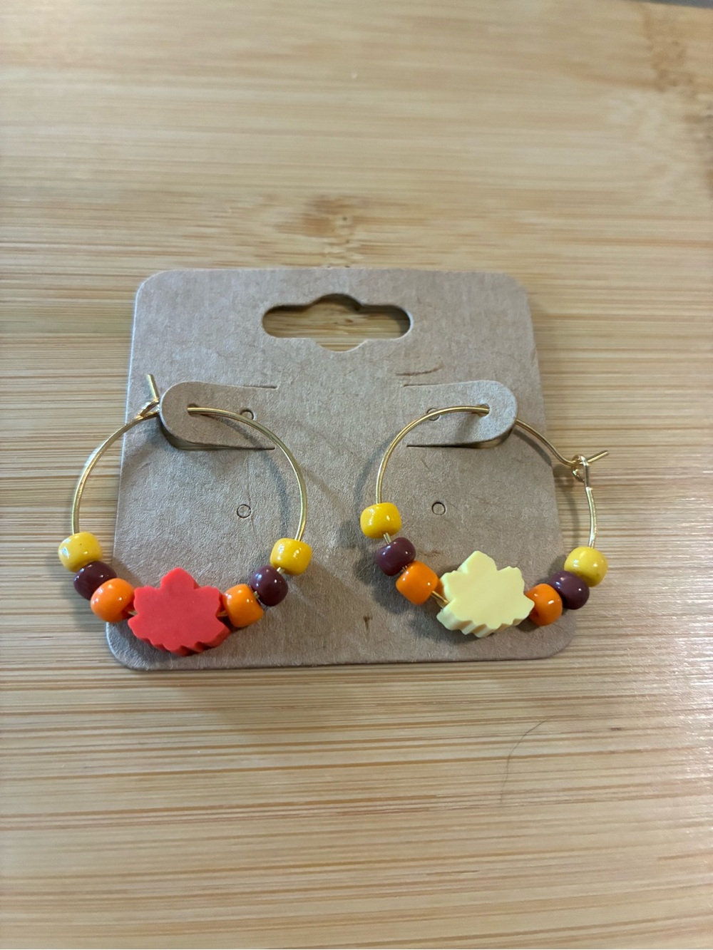 Colorful Autumn Leaf Beaded Hoop Earrings